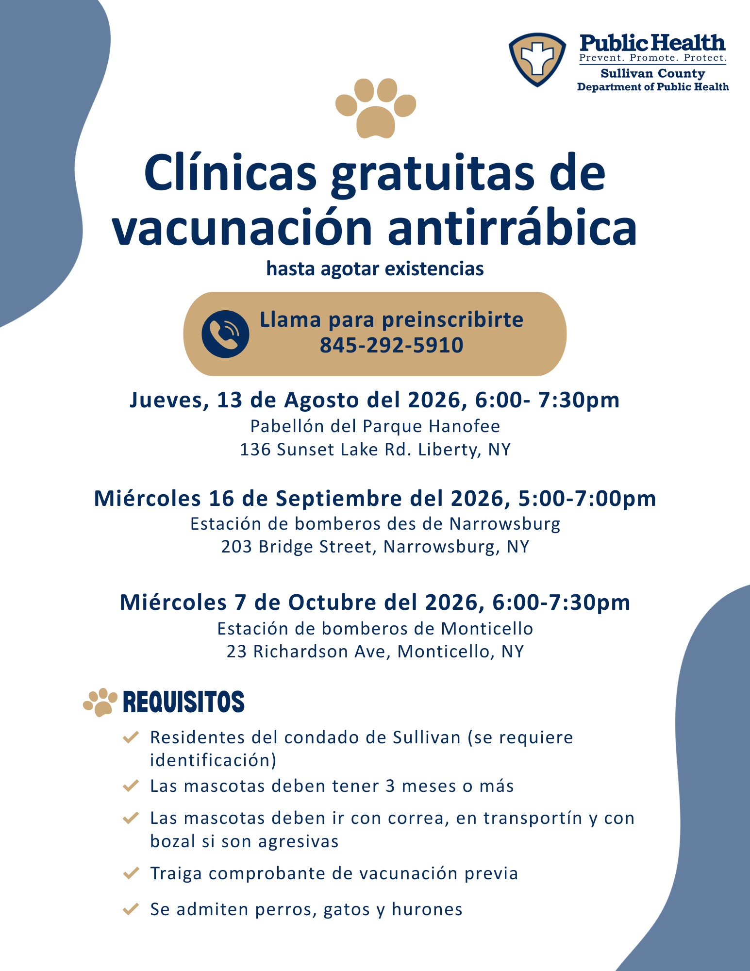 Clinicas vacunacion antirrabica, llama 845-292-5910 