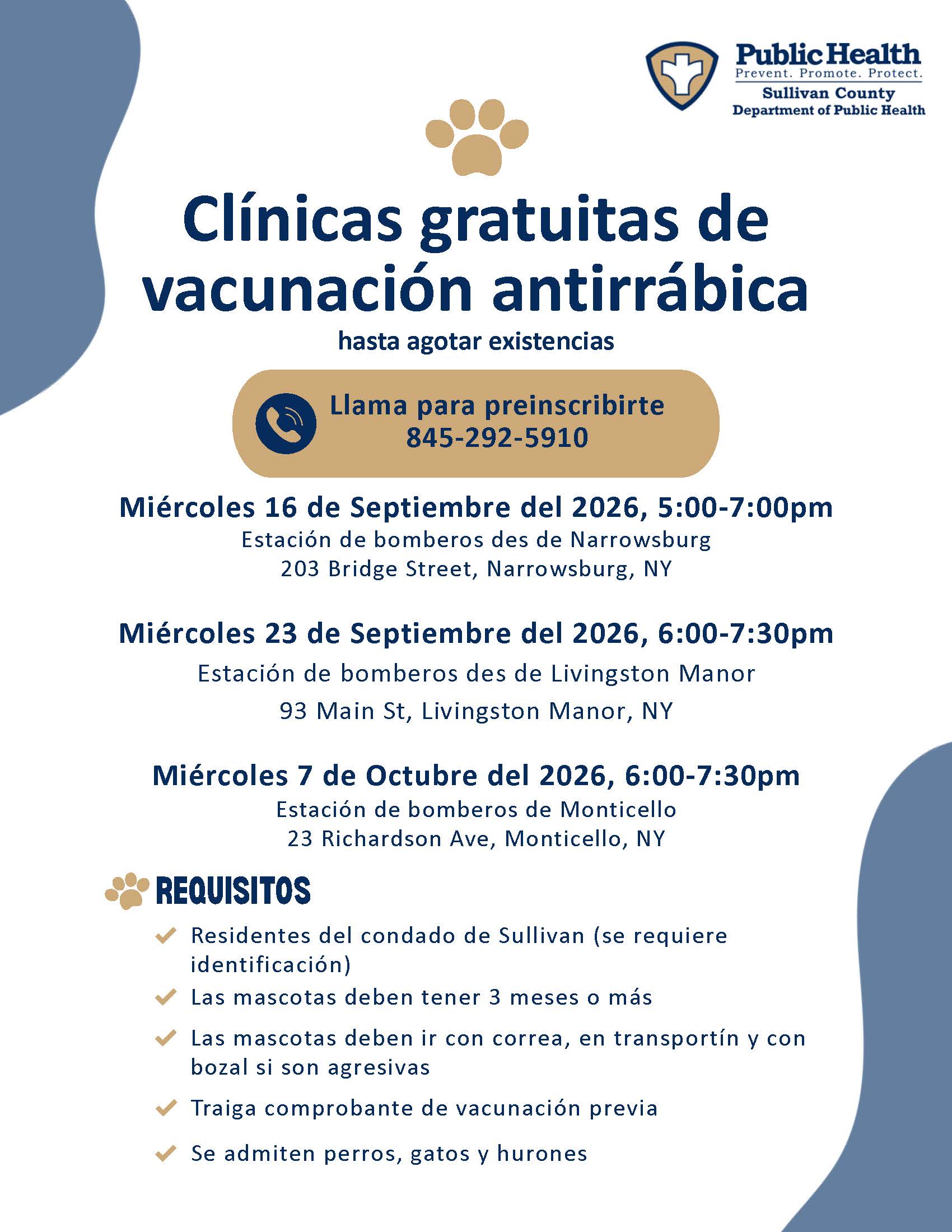 Clinicas gratuitas de vacunacion antirrabica, llama para preinscribirte 845-292-5910