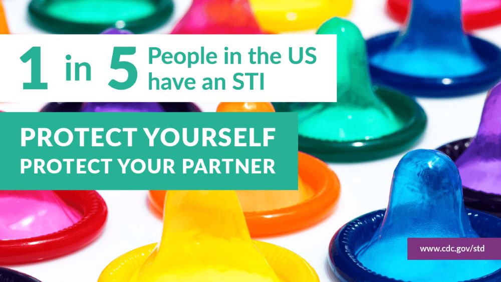 Infographic with photo of condoms in background: 1 in 5 People in the US have an STI. Protect yourself, Protect your partner.