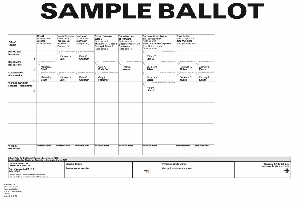 Mamakating Ward 2 Sample Ballot - Page 1