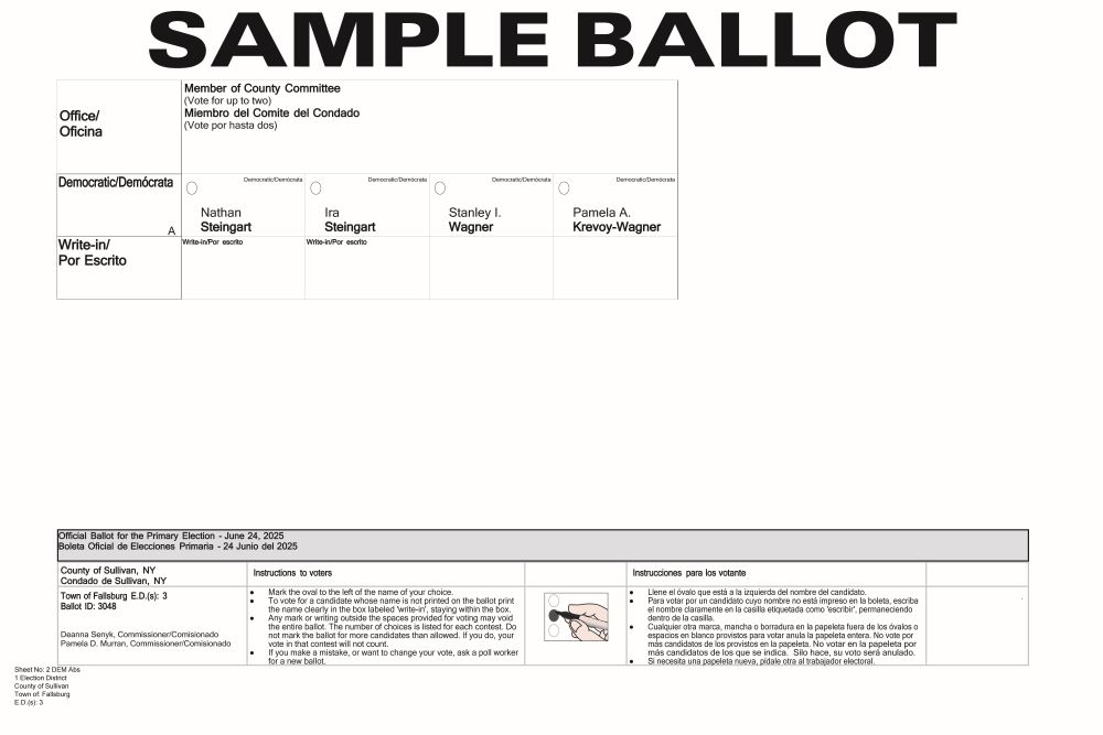 Democratic Fallsburg Sample Ballot for 2025 Primary