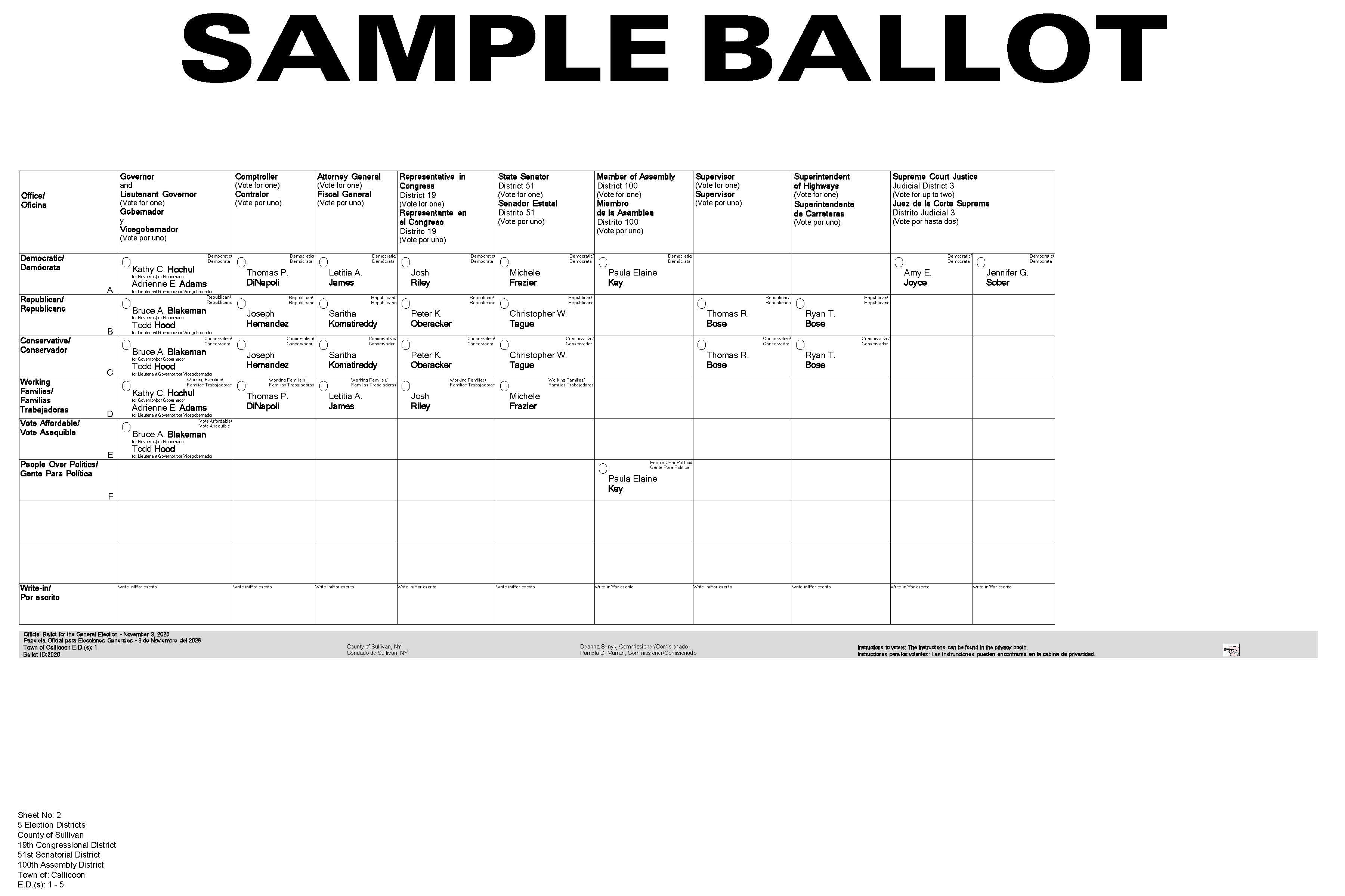Town of Callicoon Sample Ballot
