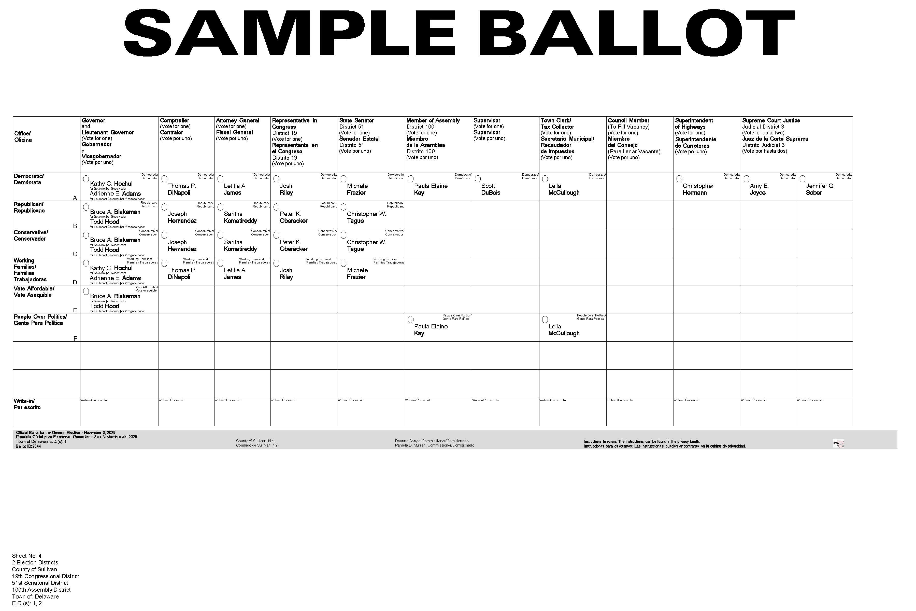 Town of Delaware Sample Ballot