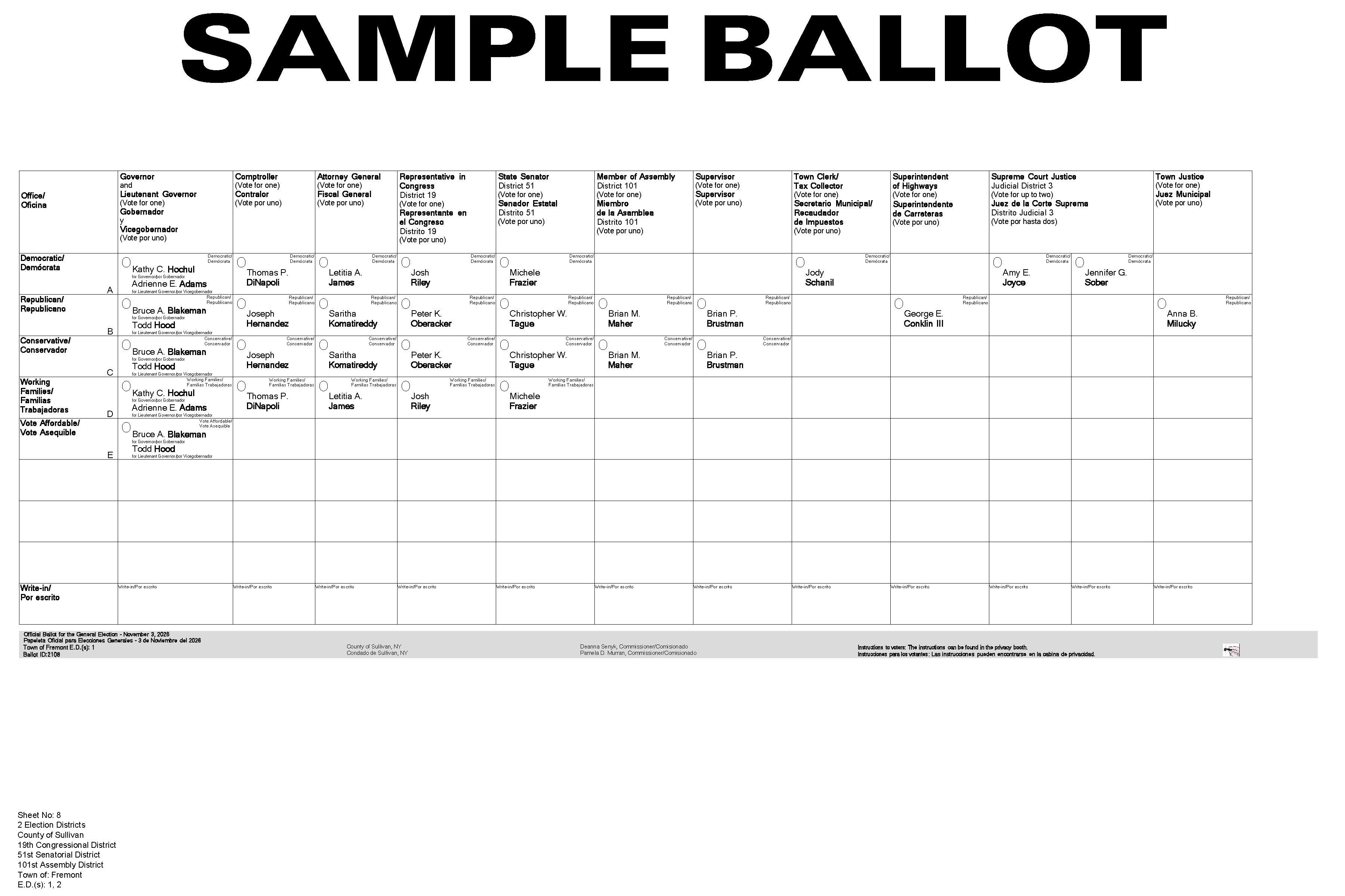Town of Fremont Sample Ballot