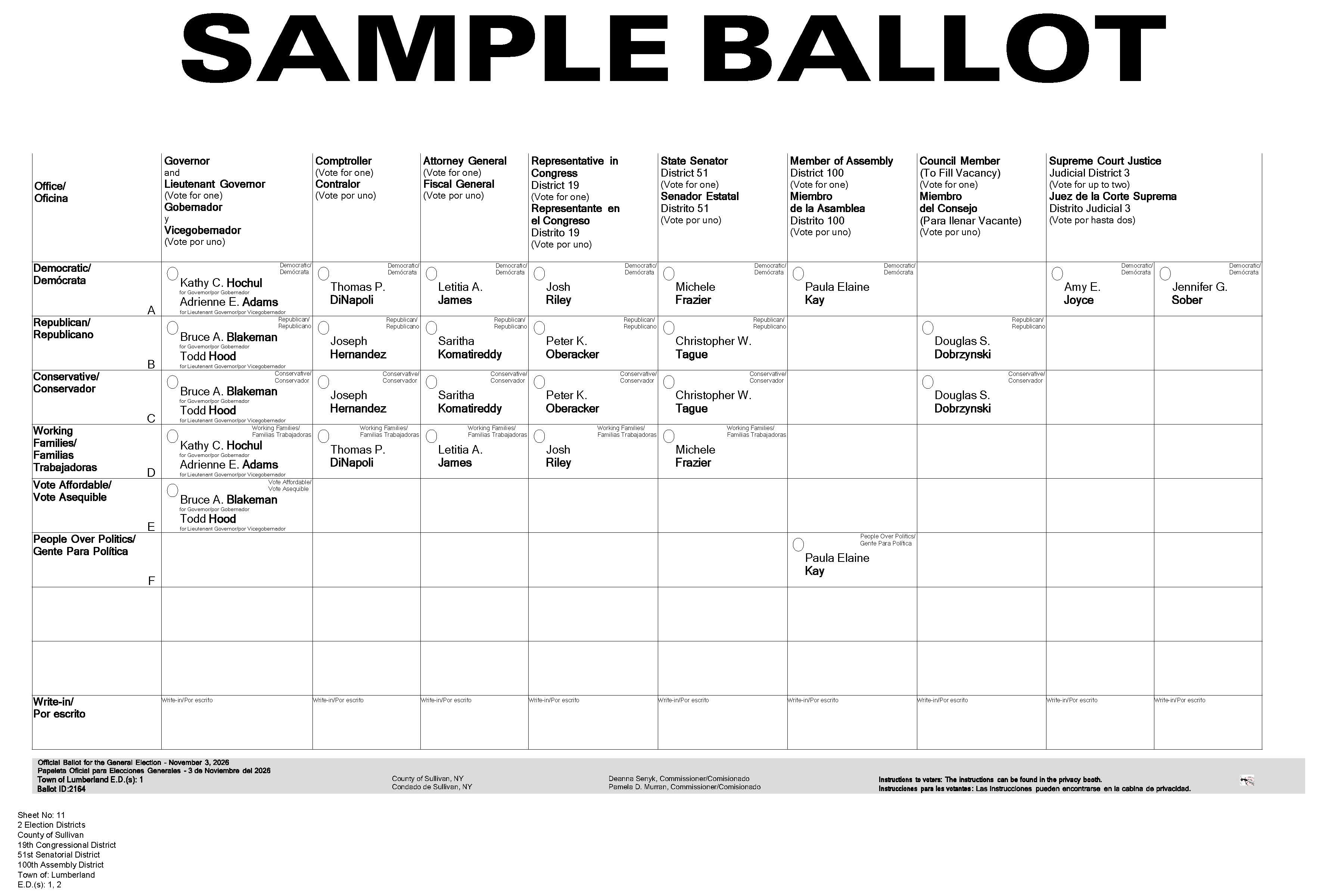 Town of Lumberland Sample Ballot
