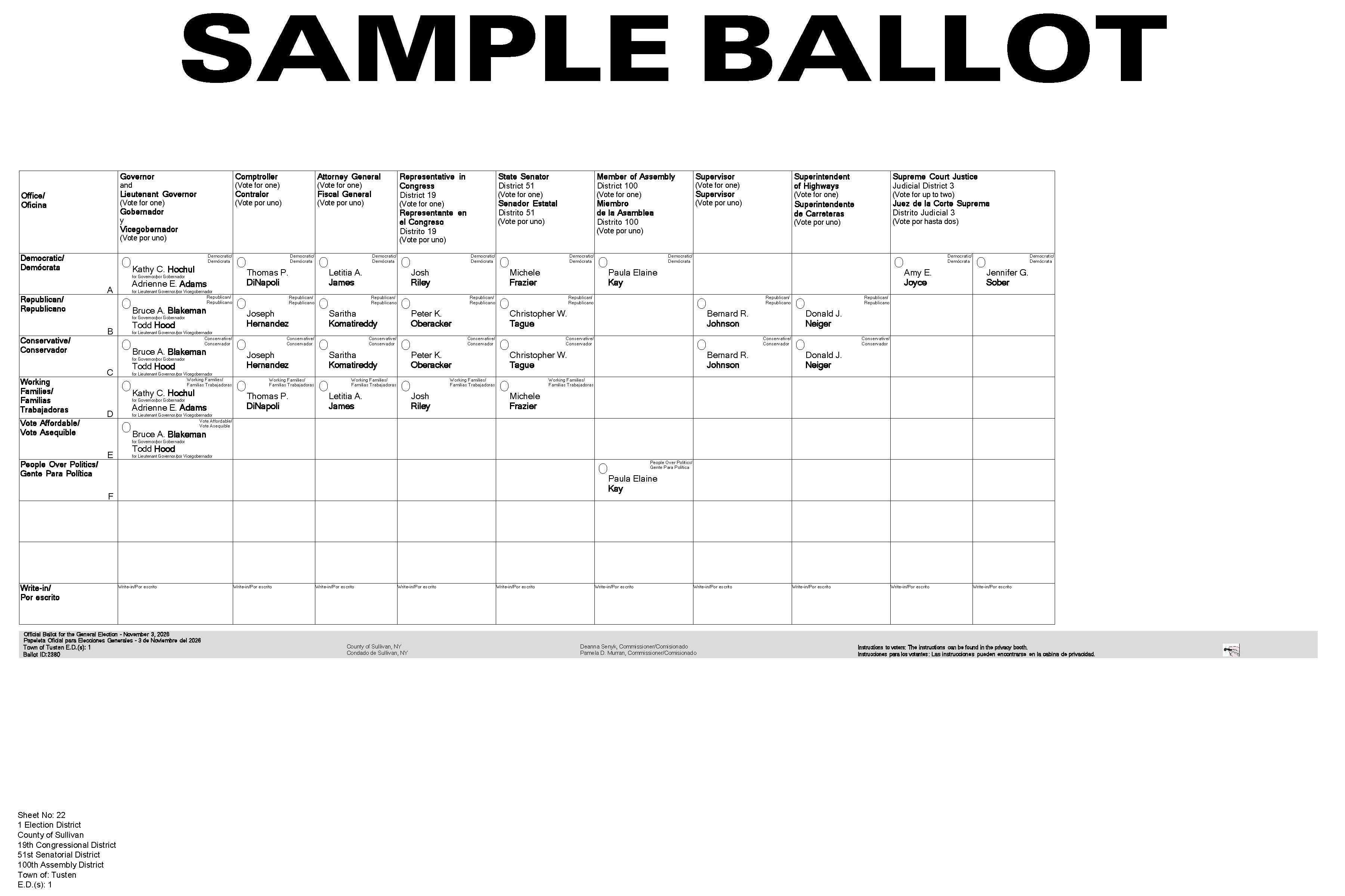 Town of Tusten Sample Ballot