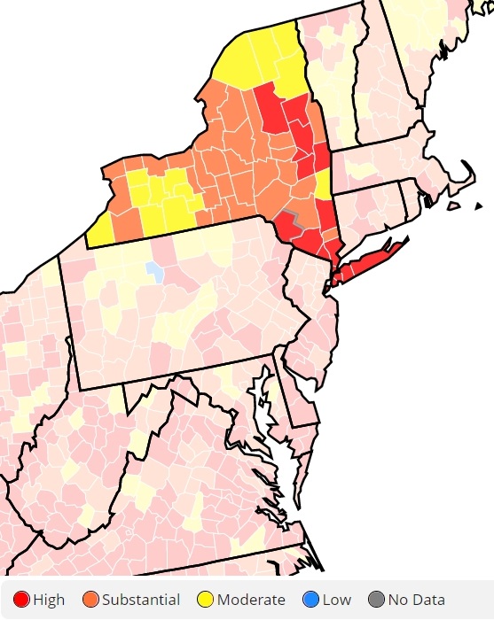 Map of COVID-19 Transmission Rates, courtesy of the CDC